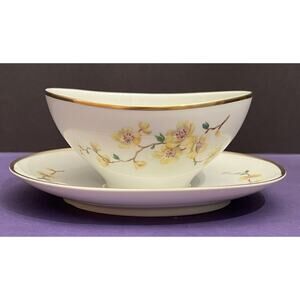Vintage W160 Johann Haviland Gravy Boat w/ Attached Underplate Yellow Flowers